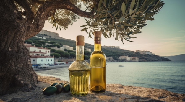 Zdjęcie butelka oliwy z oliwek i oliwek na kamieniu z krajobrazem morskim w tle stworzonym przy użyciu technologii generative ai