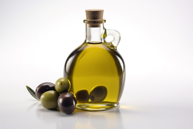 Butelka oliwy z oliwek obok kiści winogron