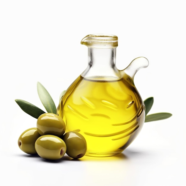 Butelka oliwy z oliwek obok niektórych oliwek.