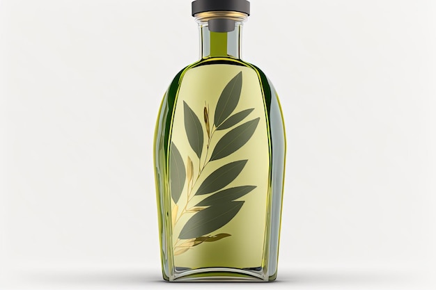 Butelka oliwy z oliwek wykonana z przezroczystego szkła sfotografowana na białym tle