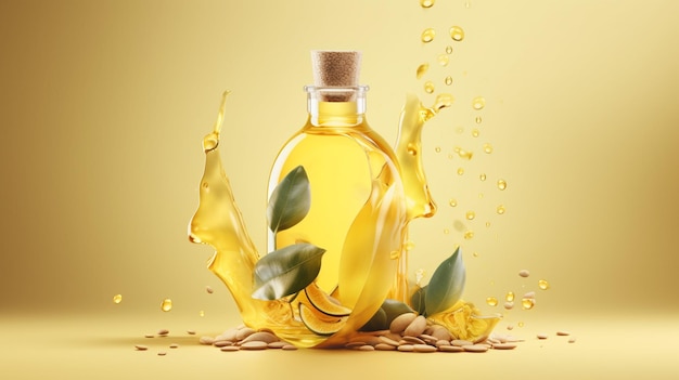 Butelka oliwy z oliwek z rozpryskującymi się wokół niej liśćmi i nasionami.