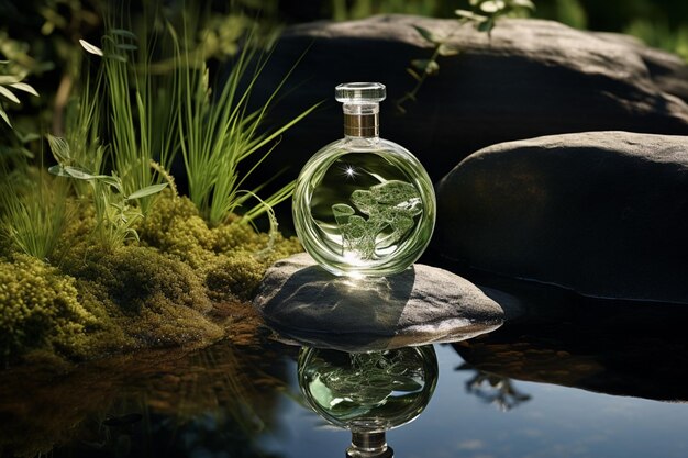 Butelka perfum lub butelka whisky w eleganckim stylu na tle skał