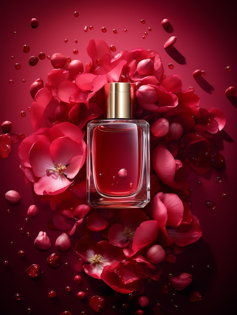 Butelka perfum na czerwonym tle z kwiatami