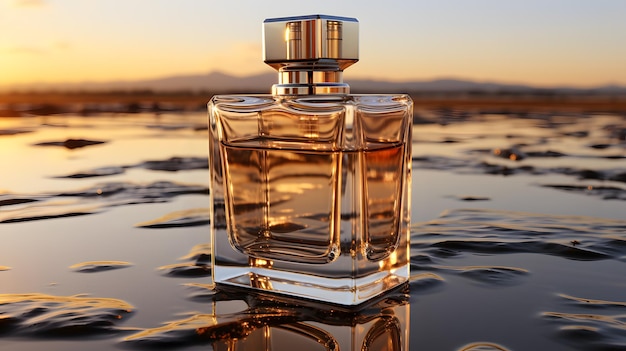 Butelka perfum na plaży w tle pięknego zachodu słońca