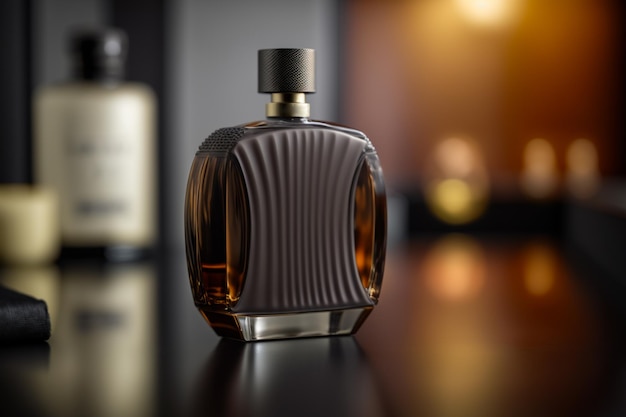 Butelka perfum na stole Perfumy szeroko stosowane w celu zapewnienia przyjemnego i trwałego zapachu to mieszanina substancji, takich jak aromatyczne olejki eteryczne, alkohol i woda w ml