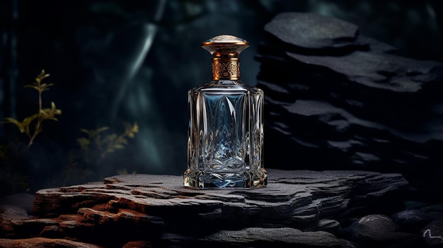 butelka perfum na tle czarnych kamieni