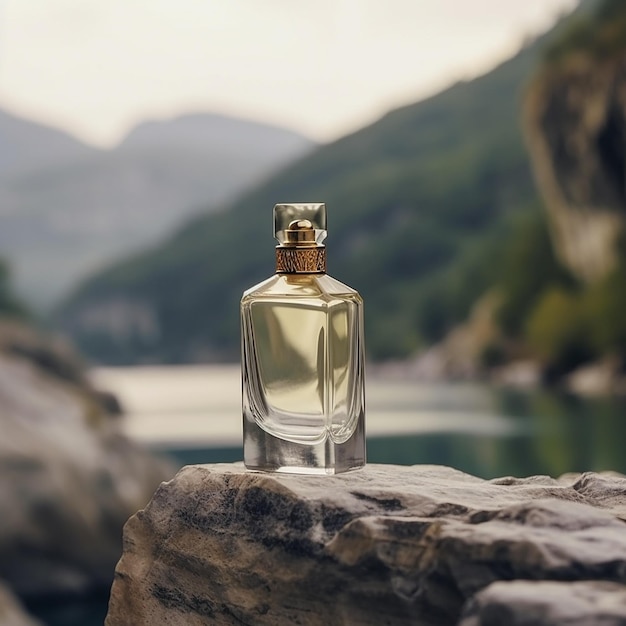 Butelka perfum na tle jasnej górskiej rzeki i górskiego krajobrazu