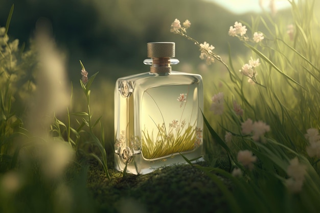 Butelka perfum na tle lasu Letni zapach
