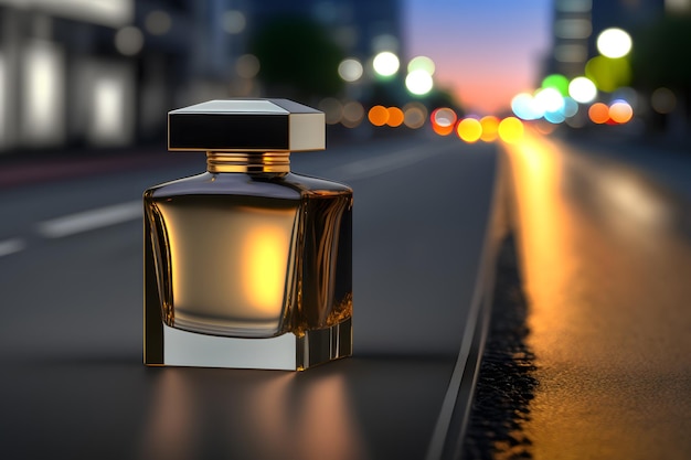 Butelka perfum na tle nocnych świateł miasta wygenerowana przez sieć neuronową