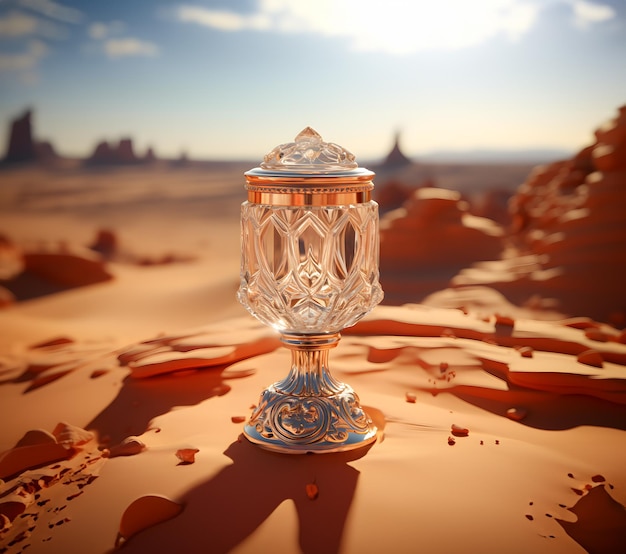 Butelka perfum na tle pięknego zachodu słońca na pustyni 3d renderowania ilustracji