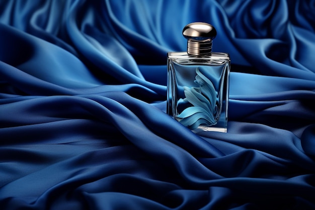 Butelka perfum na tle złożonej z jedwabiu tkaniny
