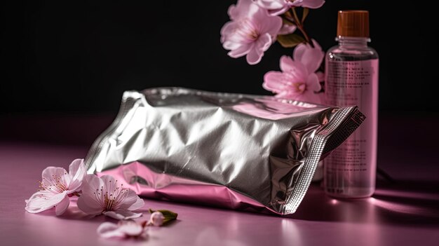 Butelka perfum obok butelki z różowymi kwiatami