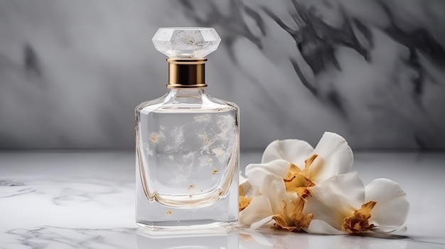 Butelka perfum obok kwiatka