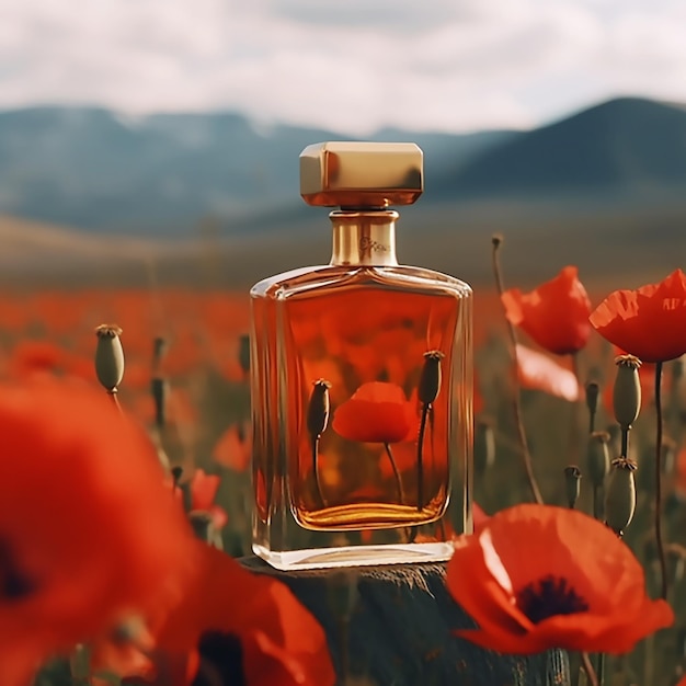 Butelka perfum stoi na polu kwitnących kwiatów na tle gór Closeu