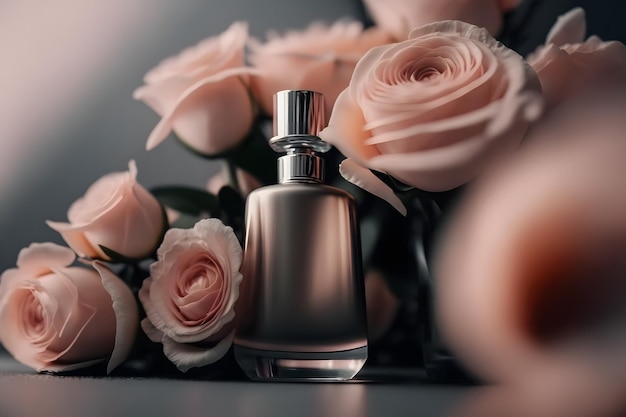 Butelka perfum świeży kwiat róży delikatne pastelowe odcienie Sztuka generowana przez sieć neuronową