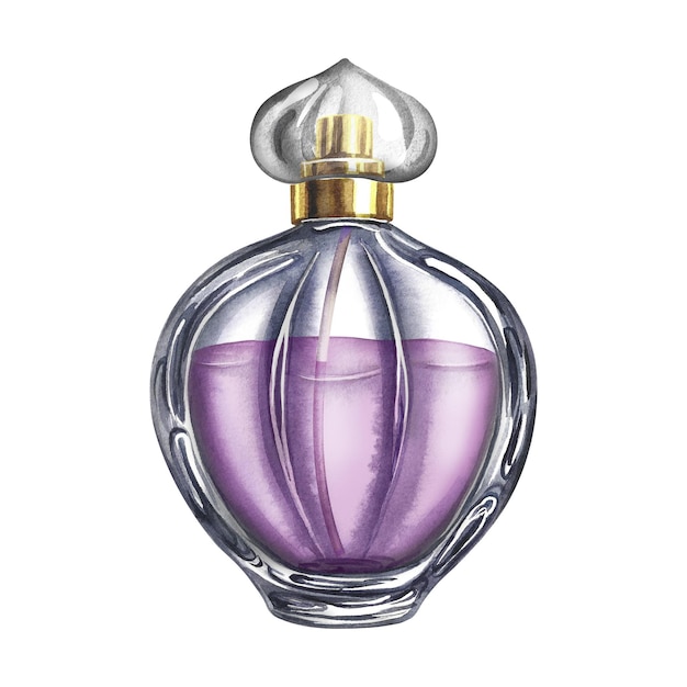 Butelka perfum wykonana z przezroczystego szkła Vintage fioletowy perfum Ilustracja akwarelowa