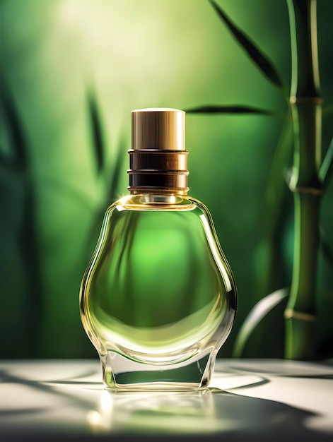 Butelka perfum z bambusowym tłem.