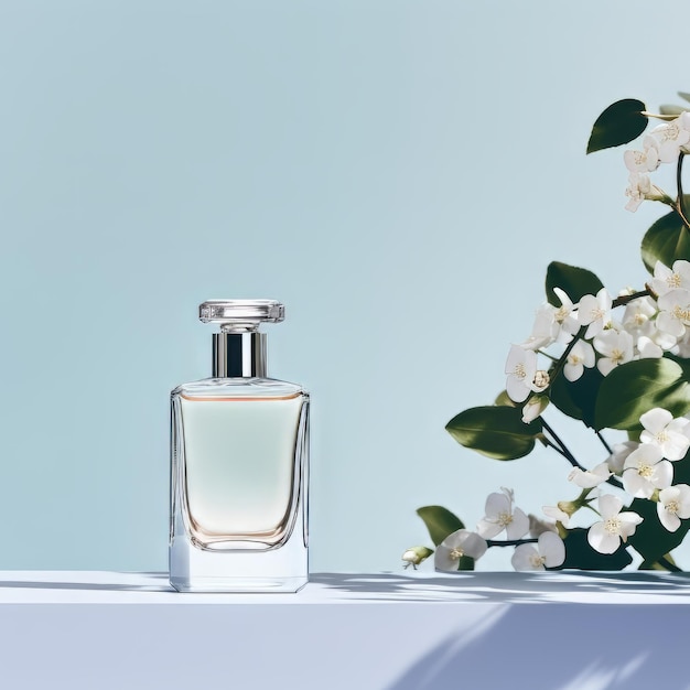 Butelka perfum z białymi kwiatami na niebieskim tle Mock up