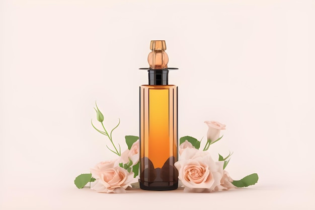 Butelka perfum z drewnianą nakrętką i różowym kwiatkiem za nią.