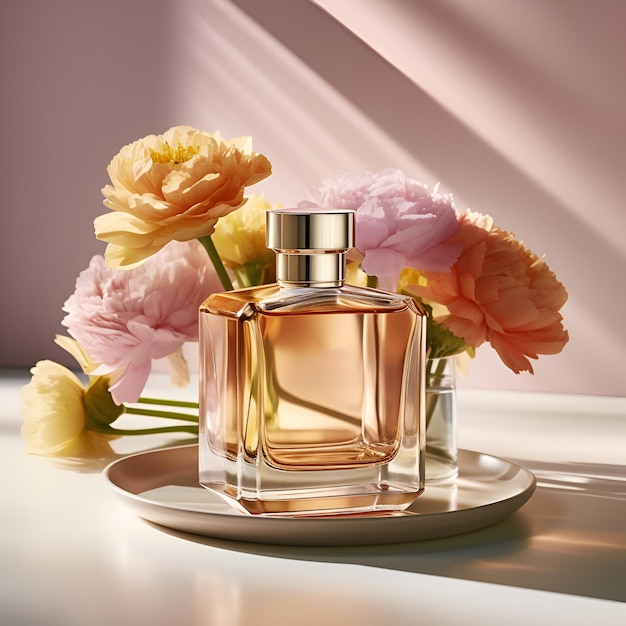 Butelka perfum z kwiatami na różowym tle