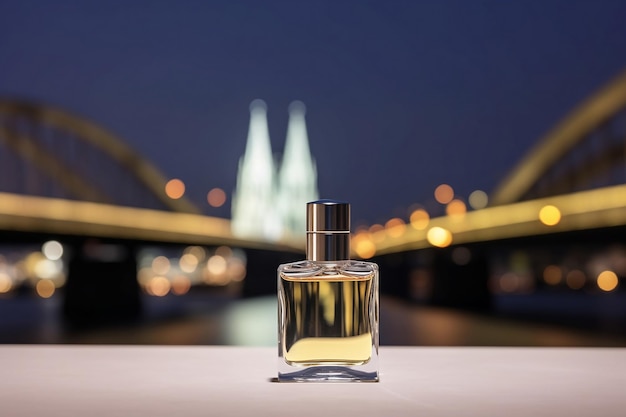 Butelka perfum z mostem w tle
