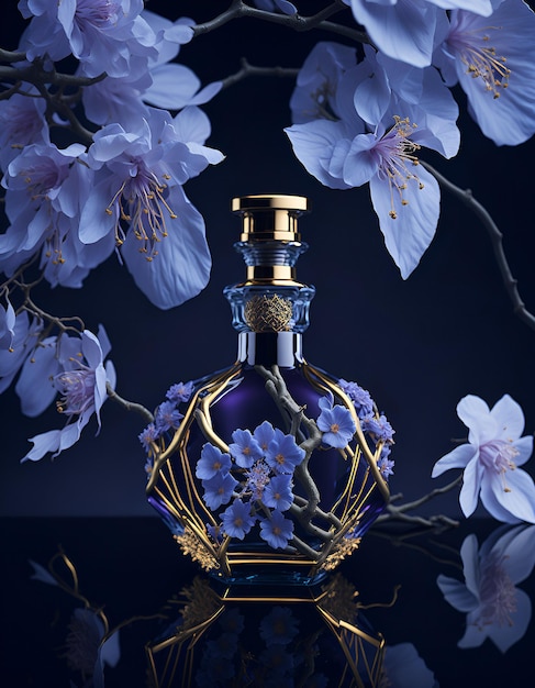 Butelka perfum z niebieską etykietą z napisem „perfumy”.