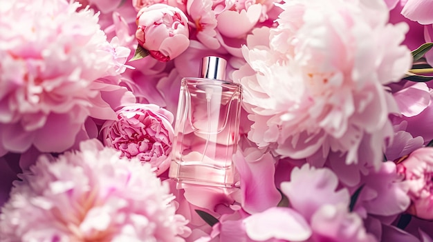 Zdjęcie butelka perfum z pięknymi kwiatami koncepcja piękności płaski widok z góry