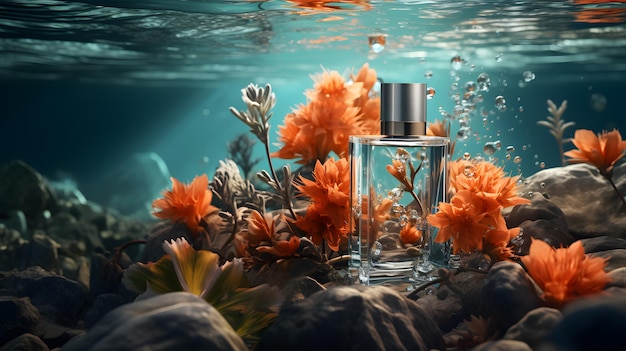 Butelka perfum z pięknymi kwiatami w tle wody ze słońcem