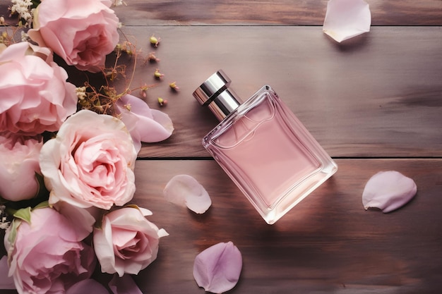 Butelka perfum z różowymi kwiatami na drewnianym stole