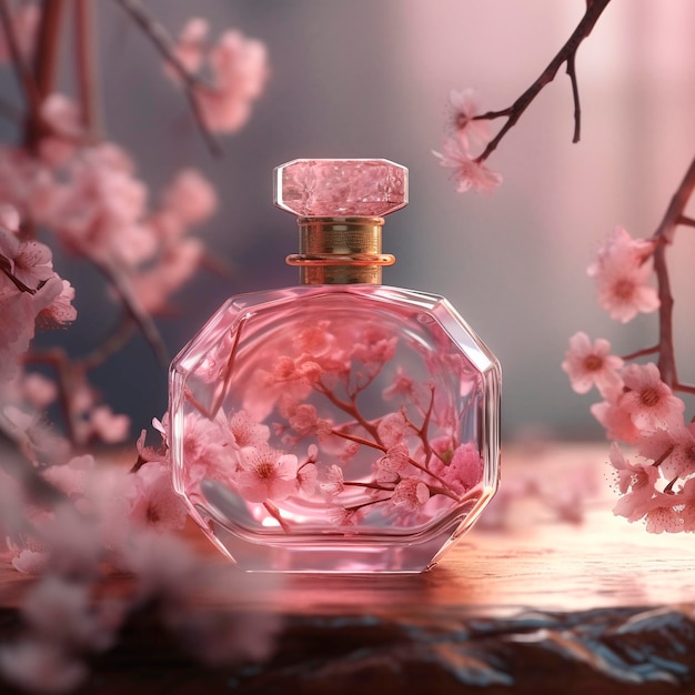 Butelka perfum z różowymi kwiatami z przodu.