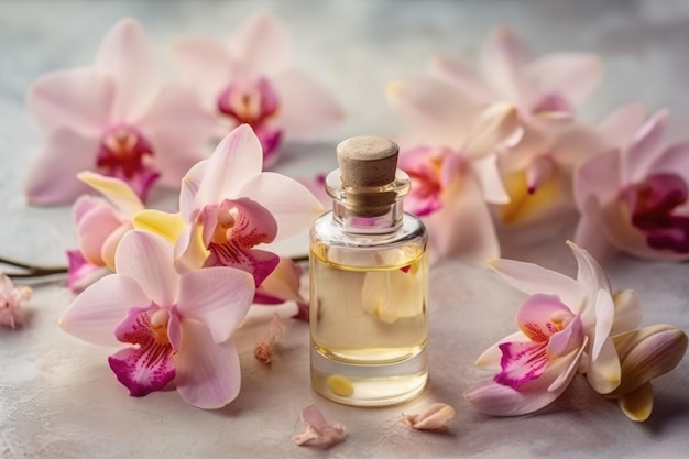 Butelka perfum z różowymi orchideami na stole Generative AI