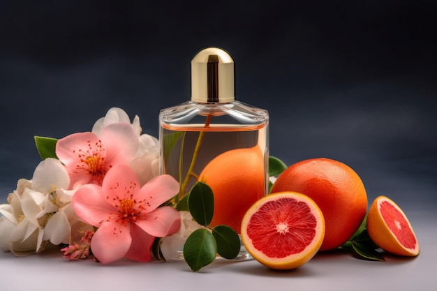 Zdjęcie butelka perfum z tropikalnymi owocami i kwiatami