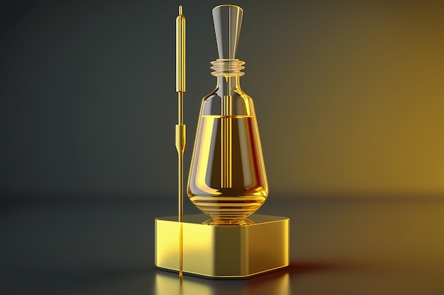 Butelka perfum ze złotą końcówką i złoty przedmiot w rogu Generative Ai