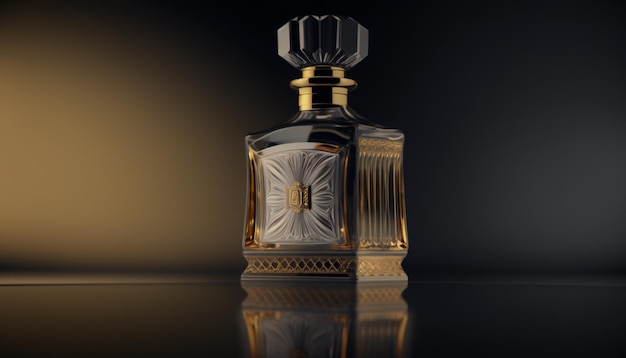 Butelka perfum ze złotą nakrętką i białą etykietą.