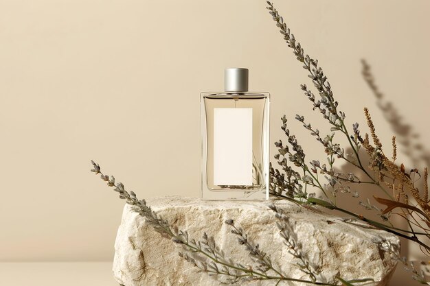 butelka perfumy z białą etykietą z przodu