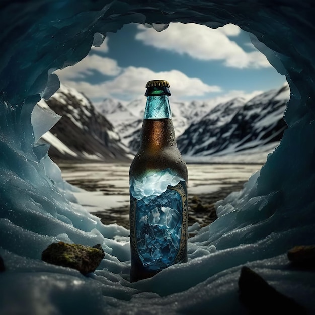 Zdjęcie butelka piwa jest w jaskini z górą w tle.