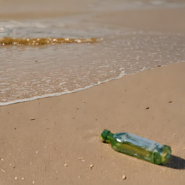 Butelka piwa leży na piasku na plaży.