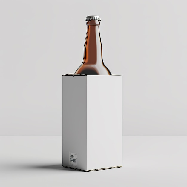 butelka piwa siedzi na białym pudełku
