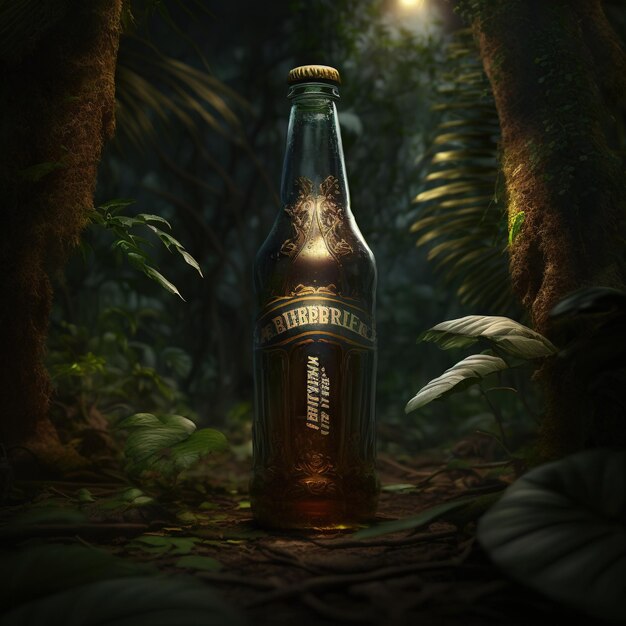 butelka piwa w dżungli na białym tle, reklama alkoholu lub napoju browarniczego