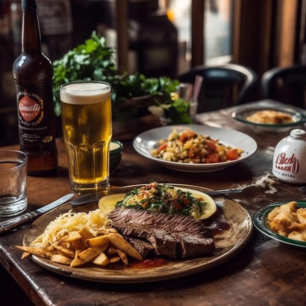 Butelka piwa z butelką borówki na stole obok