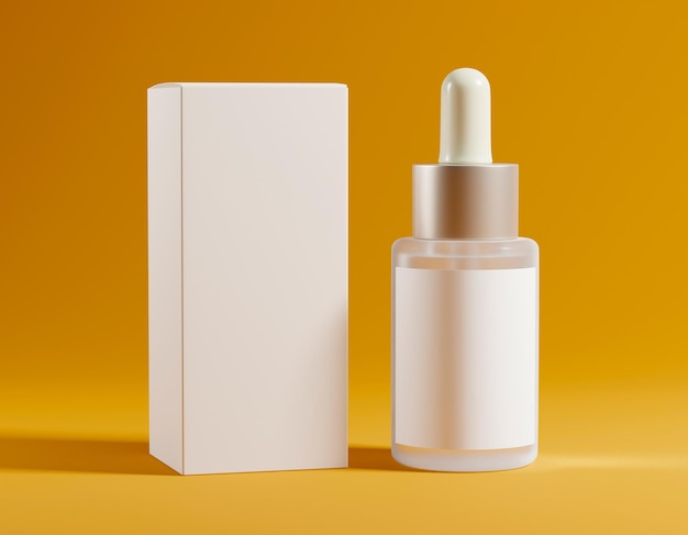 Butelka produktu do pielęgnacji skóry z białym pudełkiem na żółtym tle.