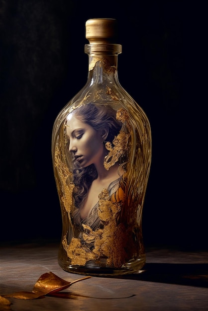 Butelka przedstawiająca kobietę ze złotym wzorem liścia