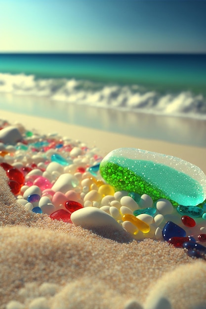 Butelka siedzi na szczycie piaszczystej plaży obok generatywnego oceanu ai