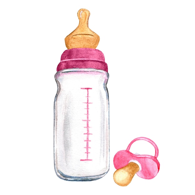 Butelka smoczka różowy Mleko dla niemowląt formuła Noworodka dziewczyna akwarela ilustracja na białym tle baby shower