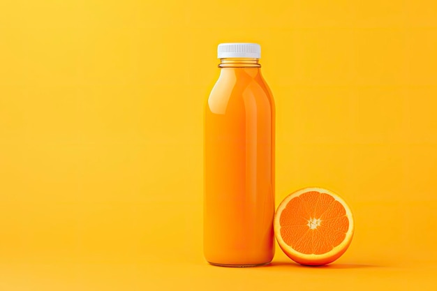 Butelka soku pomarańczowego na pomarańczowym tle