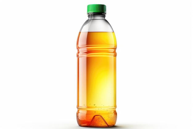Butelka soku pomarańczowego Pojedyncza butelka soku pomalańczowego umieszczona jest na prostym białym tle Płyn wewnątrz jest pomarańczy kolor kontrastujący z neutralnym białym tłem