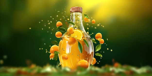 butelka soku pomarańczowego z liśćmi i pomarańczami