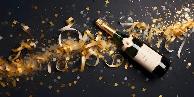 Butelka szampana leżąca na strumieniach i złote konfetti z góry widok noworoczne przyjęcie i uroczystości