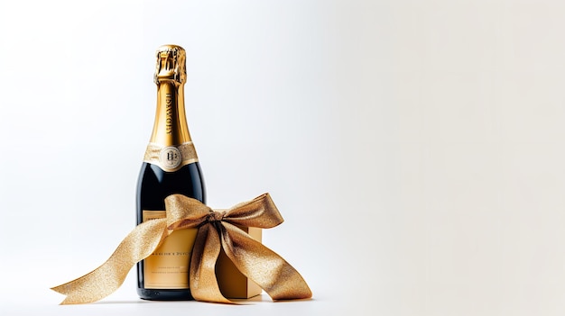 Butelka szampana w złotym tle, ozdobiona wstążkami i gwiazdami. Generacyjna sztuczna inteligencja