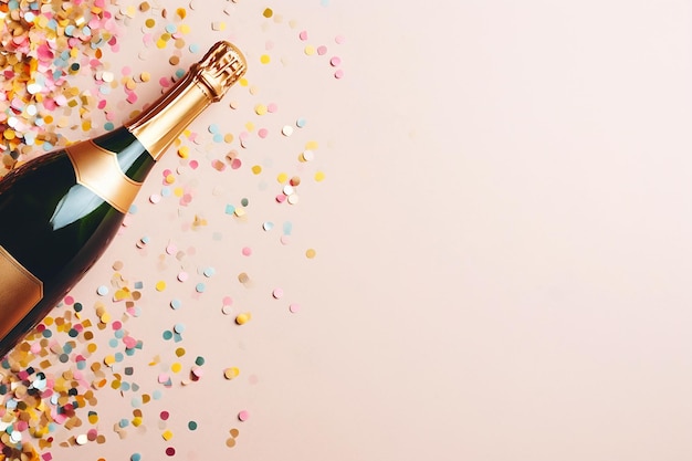 Butelka szampana z konfetti na pastelowym tle Tło świąteczne lub noworoczne z koncepcją obchodów wina musującego Kreatywny, płaski widok z góry z copyspace Obraz wygenerowany przez sztuczną inteligencję